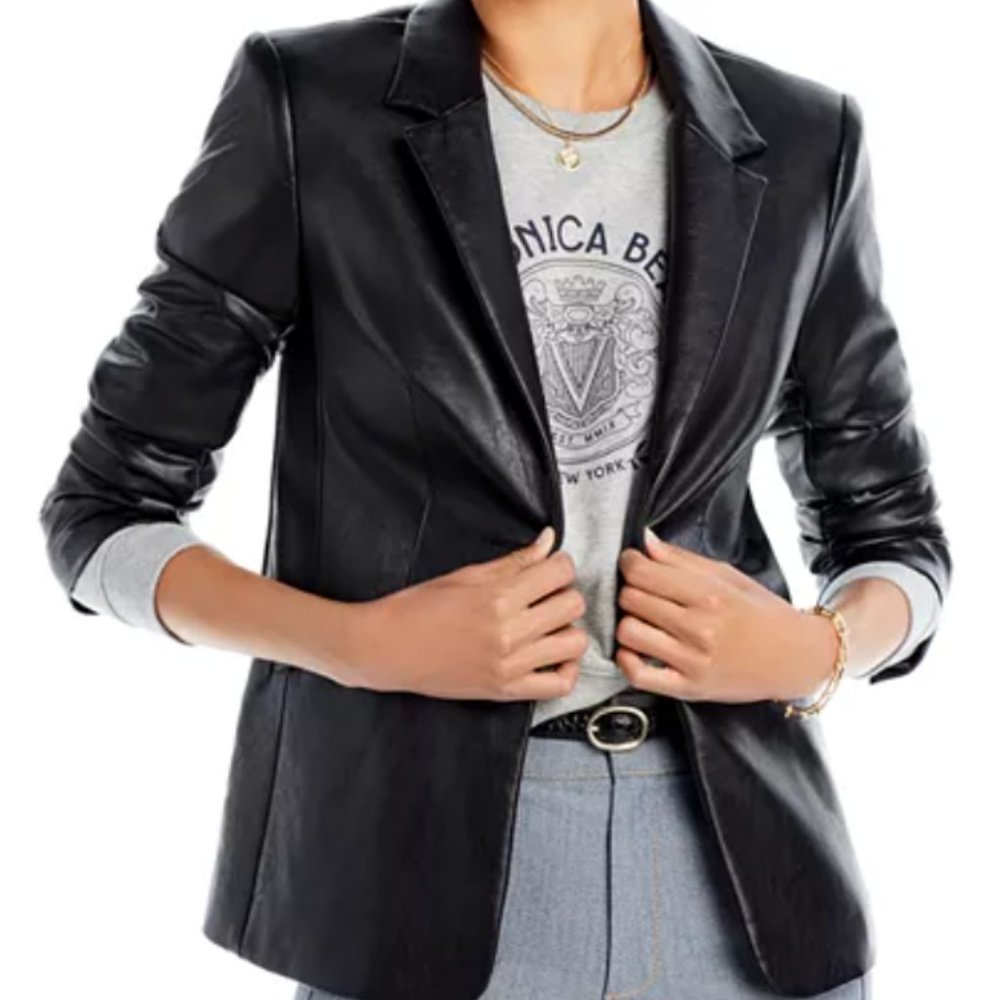 Cinq A Sept Kylie Black Faux-Leather Scrunched-Sleeve Jacket Size 6
